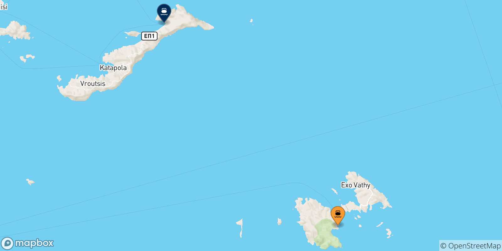 Mapa de las posibles rutas entre Dodecaneso y  Aegiali (Amorgos)