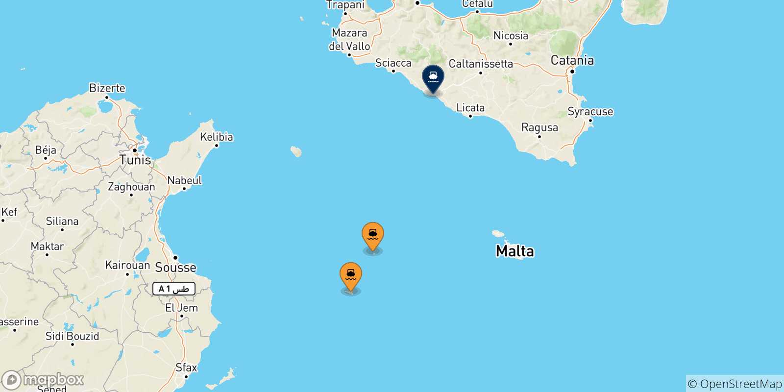 Mapa de las posibles rutas entre Islas Pelagie y  Sicilia