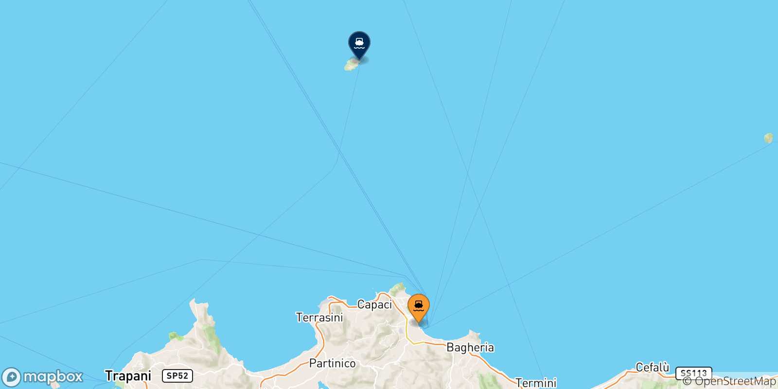 Mapa de las posibles rutas entre Sicilia y  Ustica