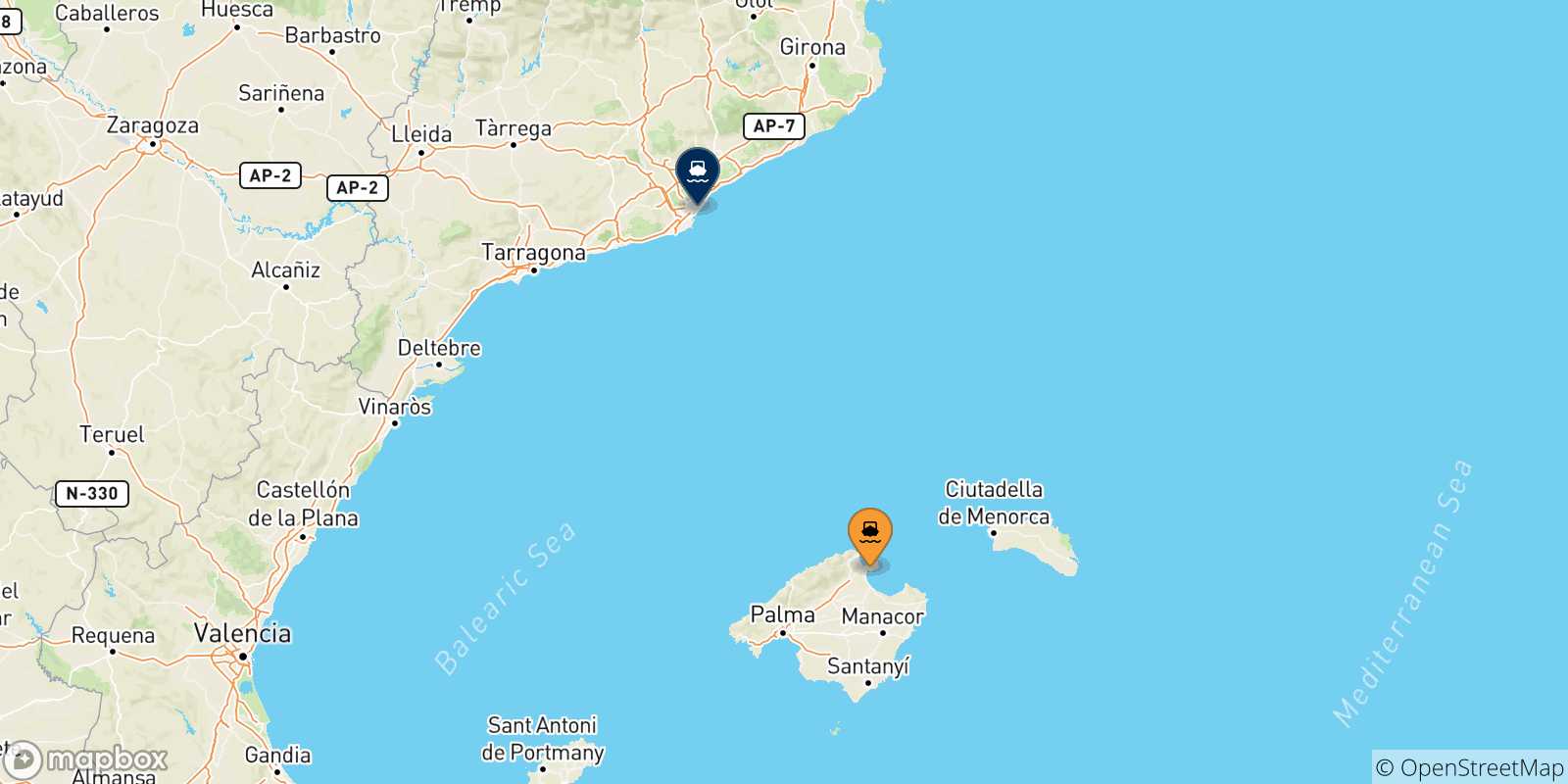 Mapa de las posibles rutas entre Alcudia (Mallorca) y  España