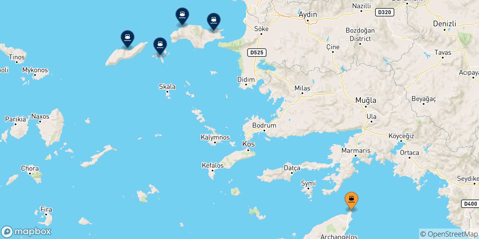 Mapa de las posibles rutas entre Rodas y  Islas Del Egeo