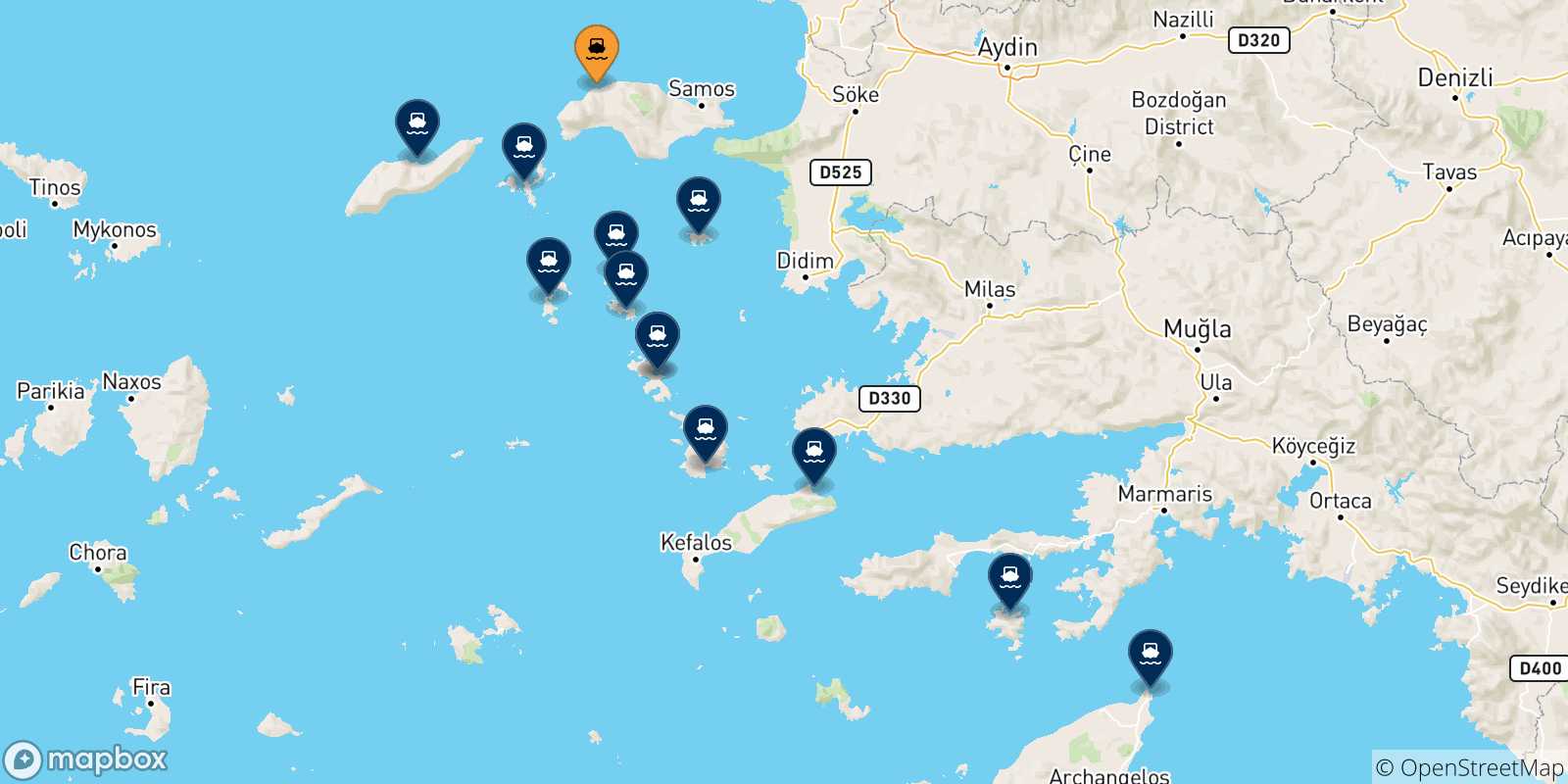 Mapa de las posibles rutas entre Pythagorio (Samos) y  Grecia