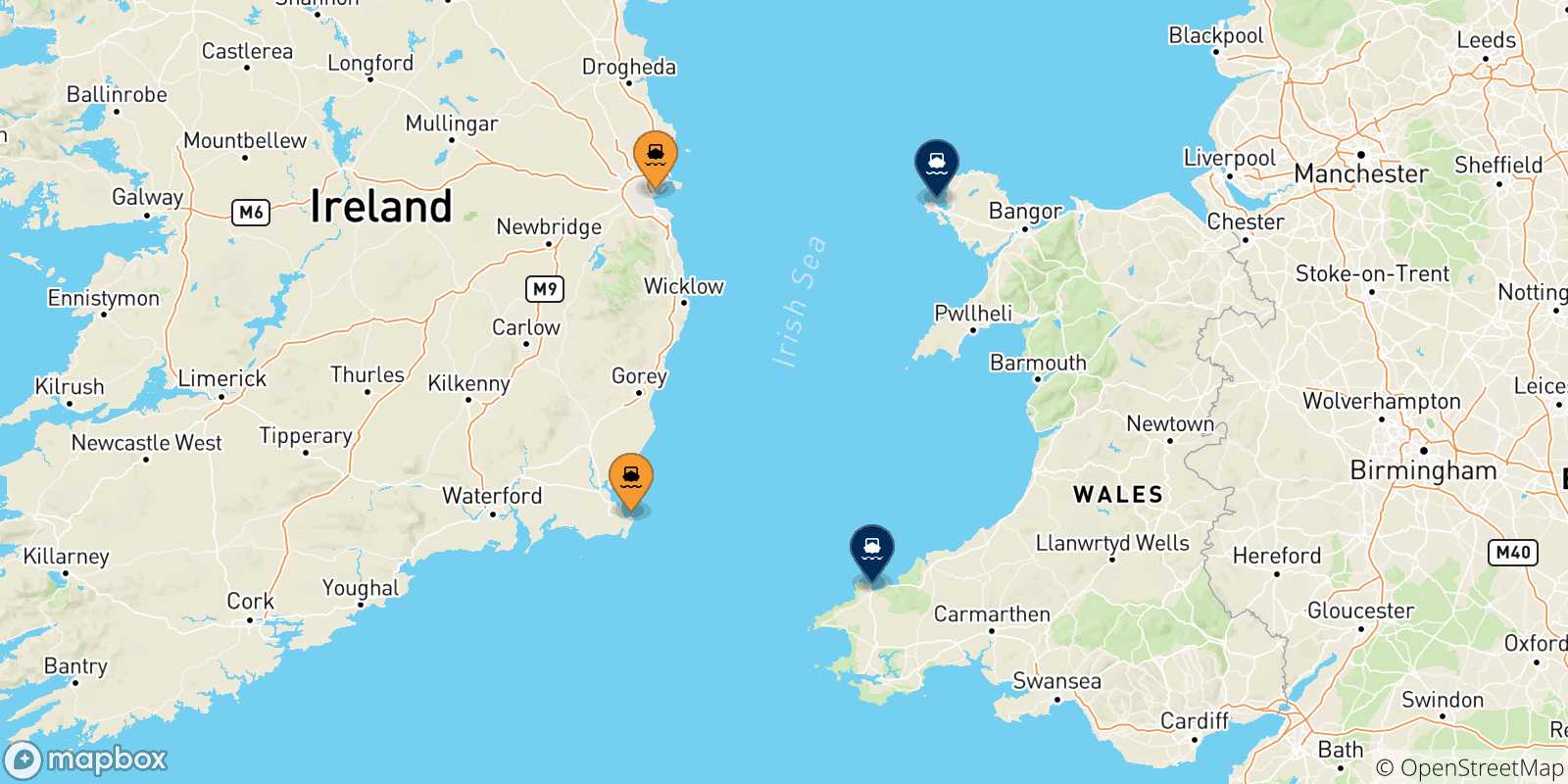 Mapa de las posibles rutas entre Irlanda y  Gales
