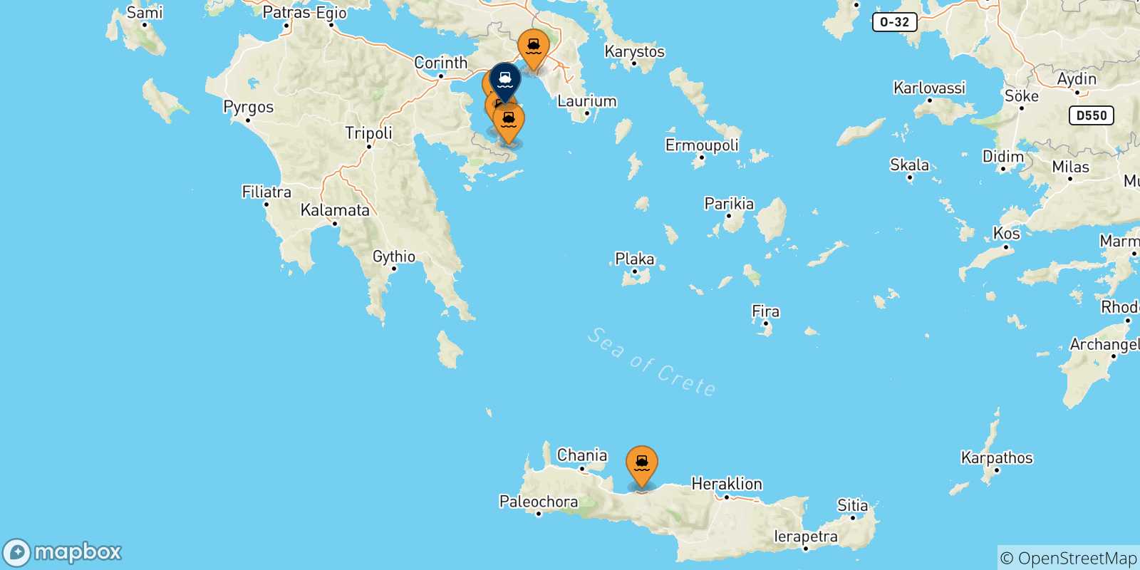 Mapa de las posibles rutas entre Grecia y  Aegina