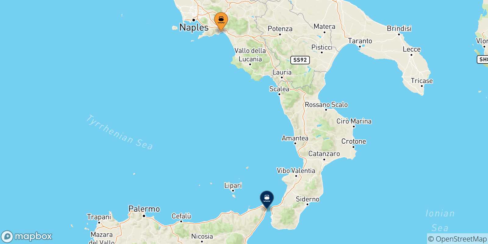 Mapa de las posibles rutas entre Italia y  Mesina