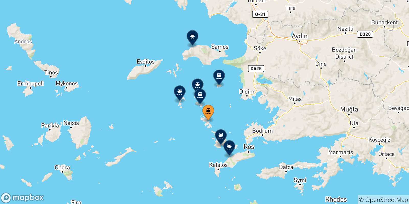 Mapa de las posibles rutas entre Agia Marina (Leros) y  Grecia