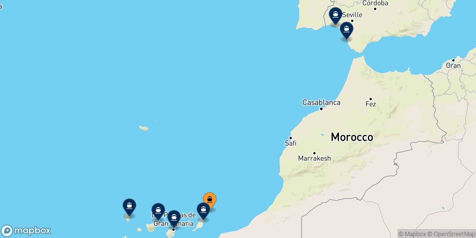 Mapa de los destinos alcanzables de Arrecife (Lanzarote)