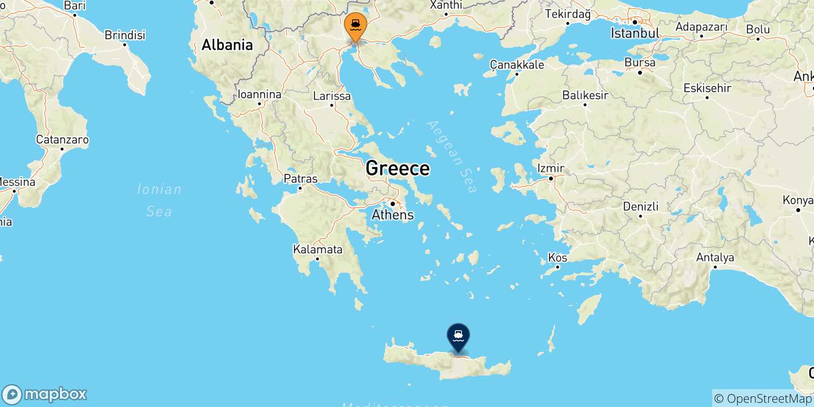 Mapa de las posibles rutas entre Salónica y  Creta