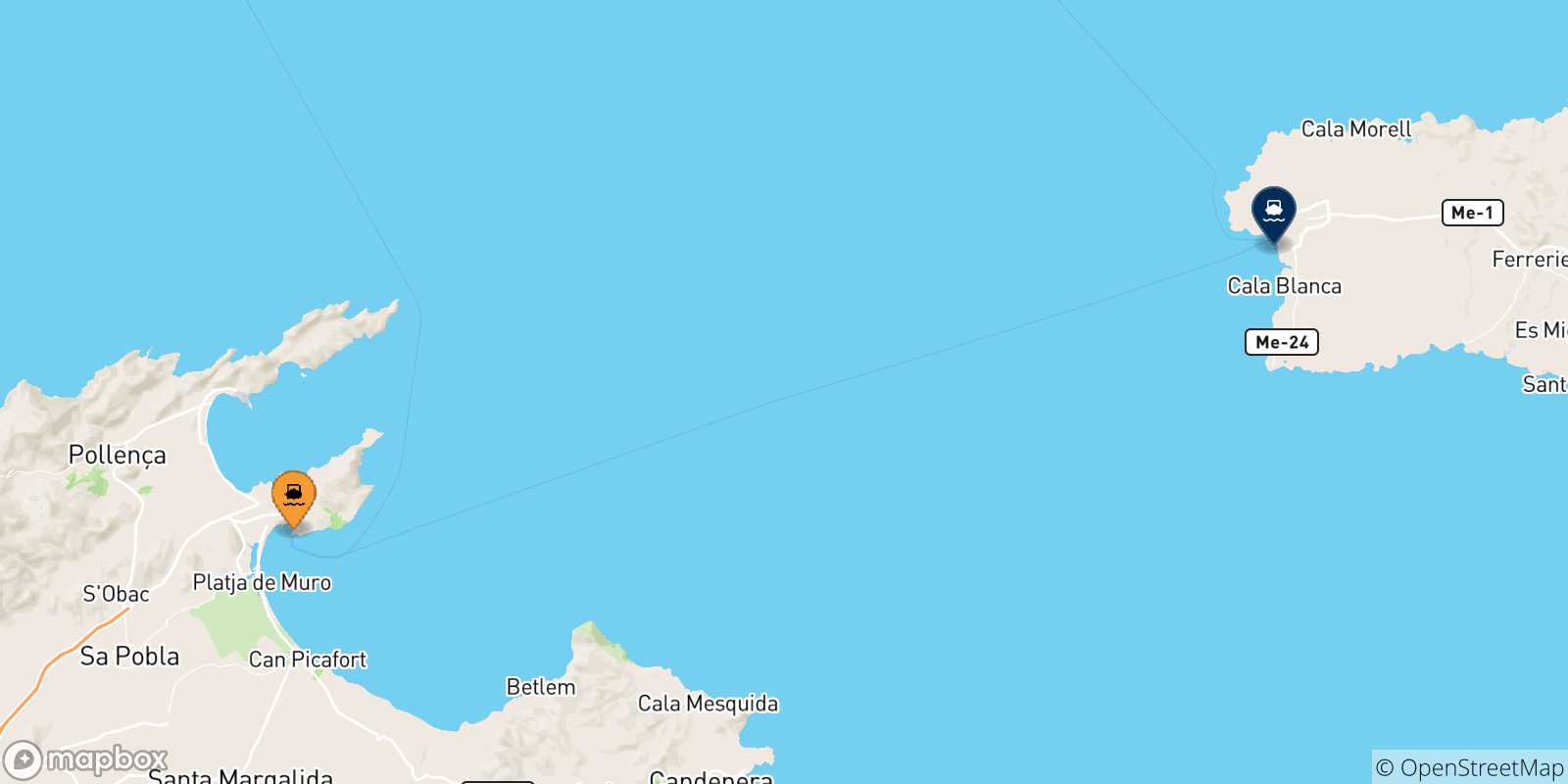 Mapa de las posibles rutas entre Alcudia (Mallorca) y  Islas Baleares