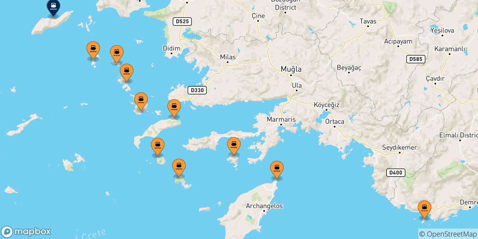 Mapa de las posibles rutas entre Dodecaneso y  Agios Kirikos (Ikaria)