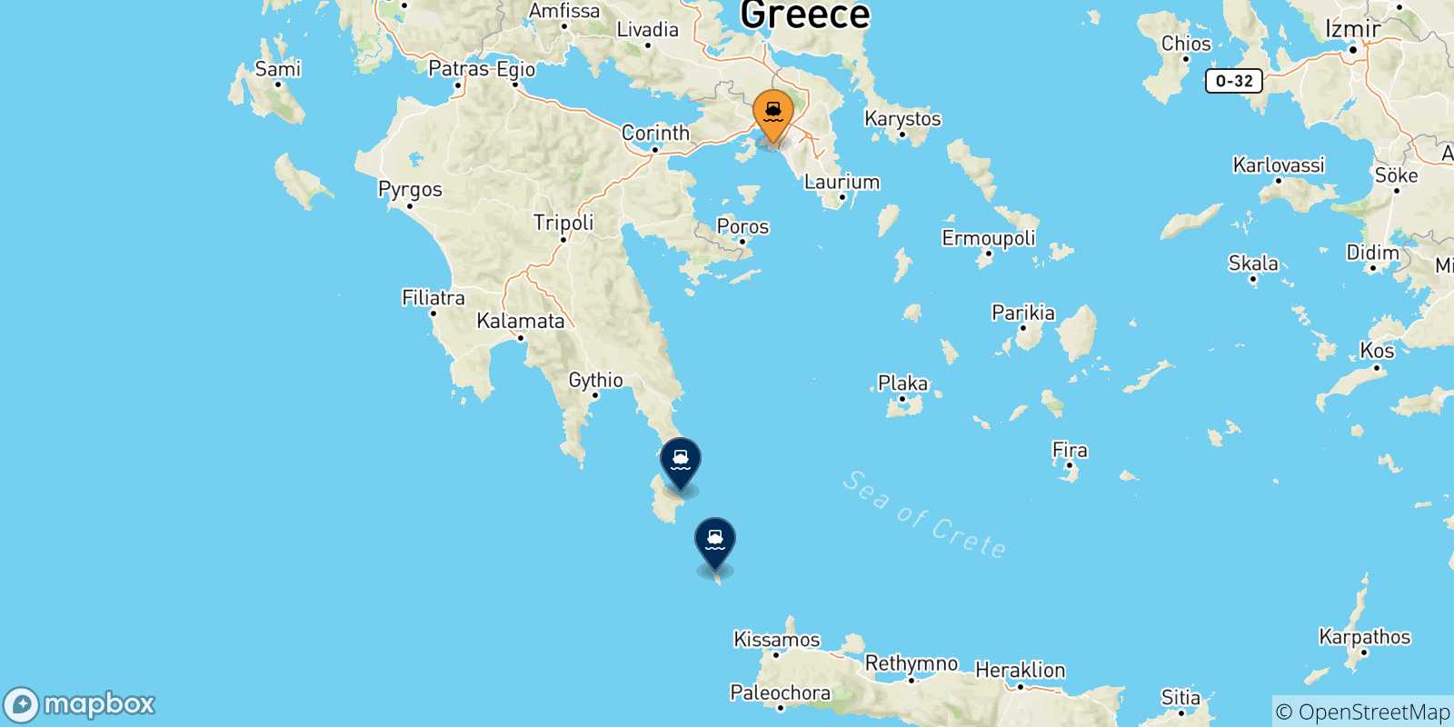 Mapa de las posibles rutas entre El Pireo y  Islas Jonicas