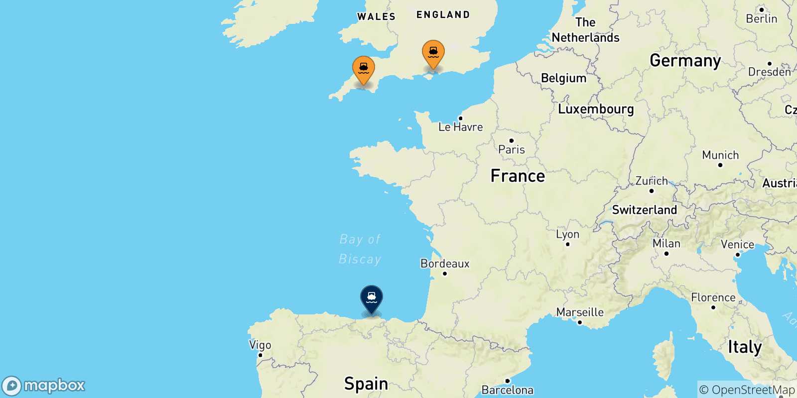 Mapa de las posibles rutas entre Reino Unido y  Santander