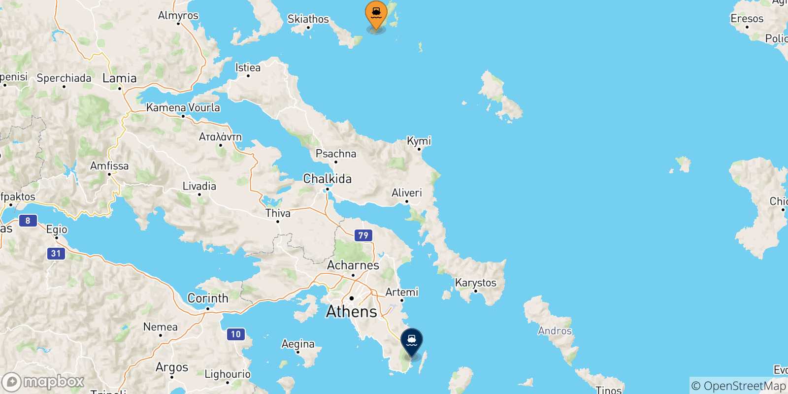Mapa de las posibles rutas entre Islas Espóradas y  Lavrio