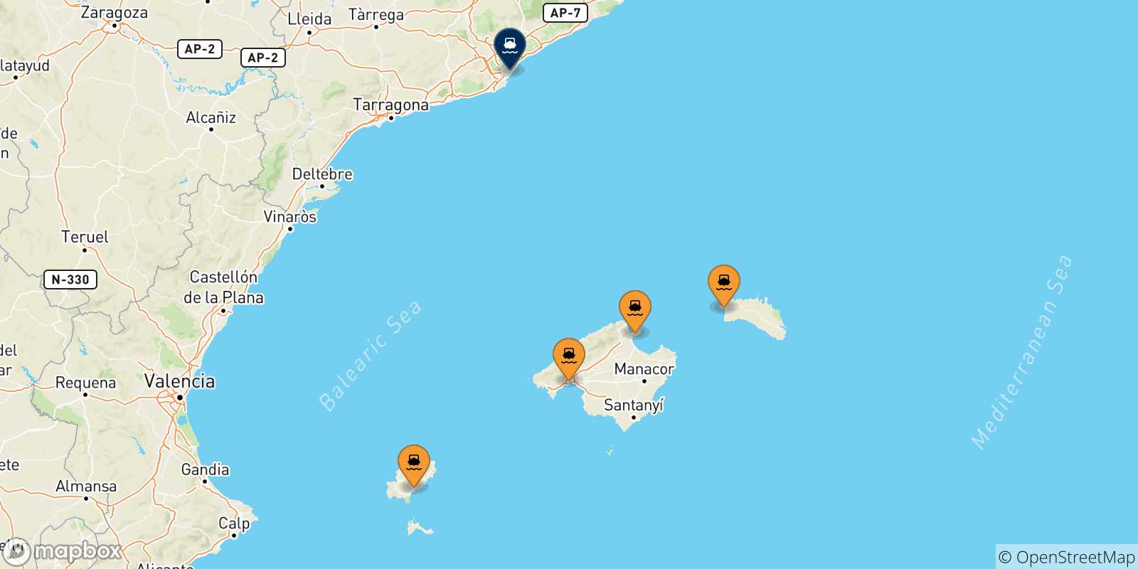 Mapa de las posibles rutas entre Islas Baleares y  Barcelona