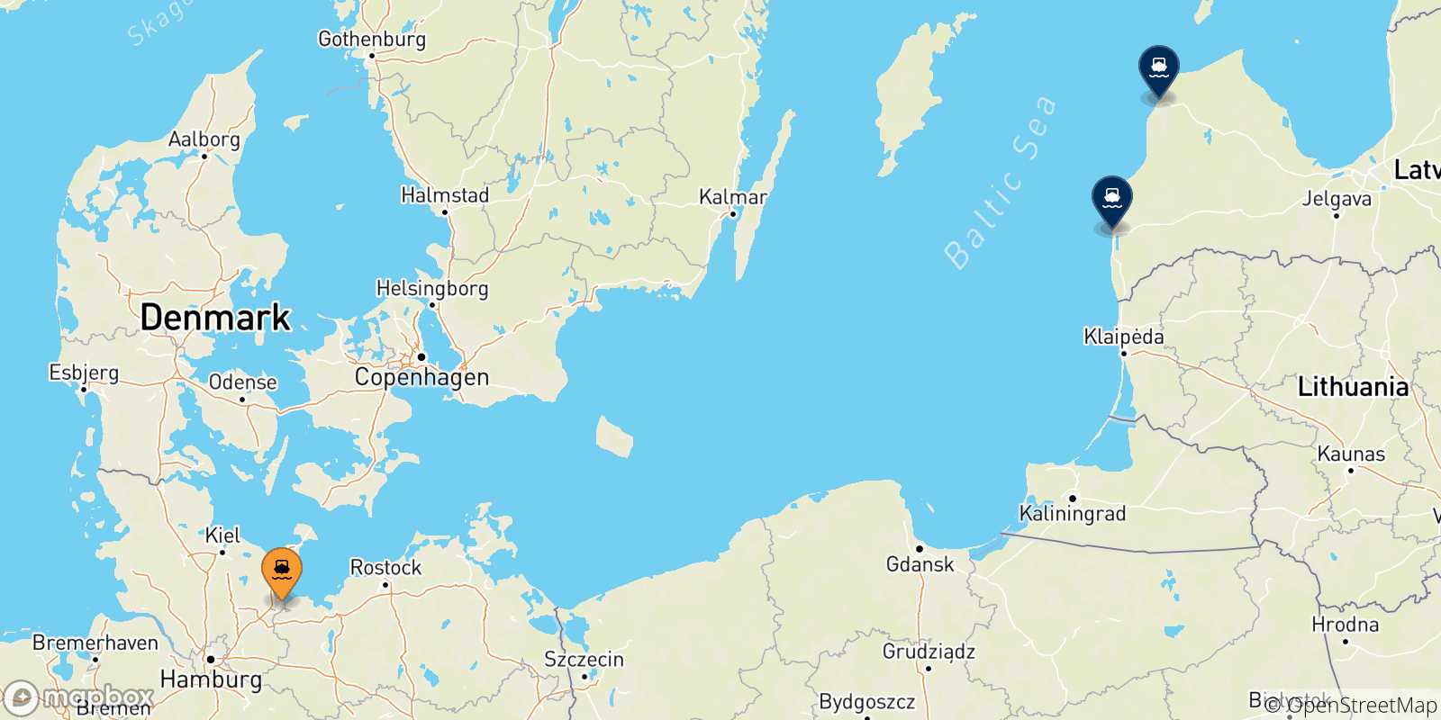 Mapa de las posibles rutas entre Alemania y  Letonia