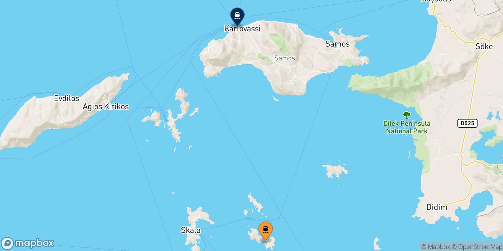 Mapa de la ruta Lipsi Pythagorio (Samos)
