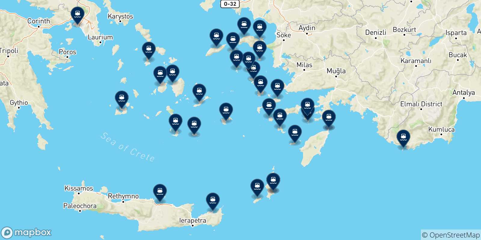 Mapa de las posibles rutas entre Rodas y  Grecia