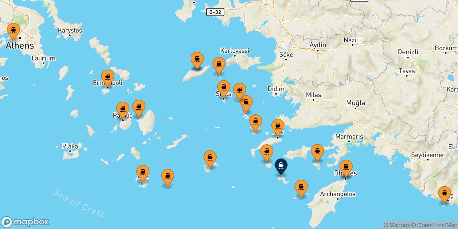 Mapa de los puertos conectados con  Tilos