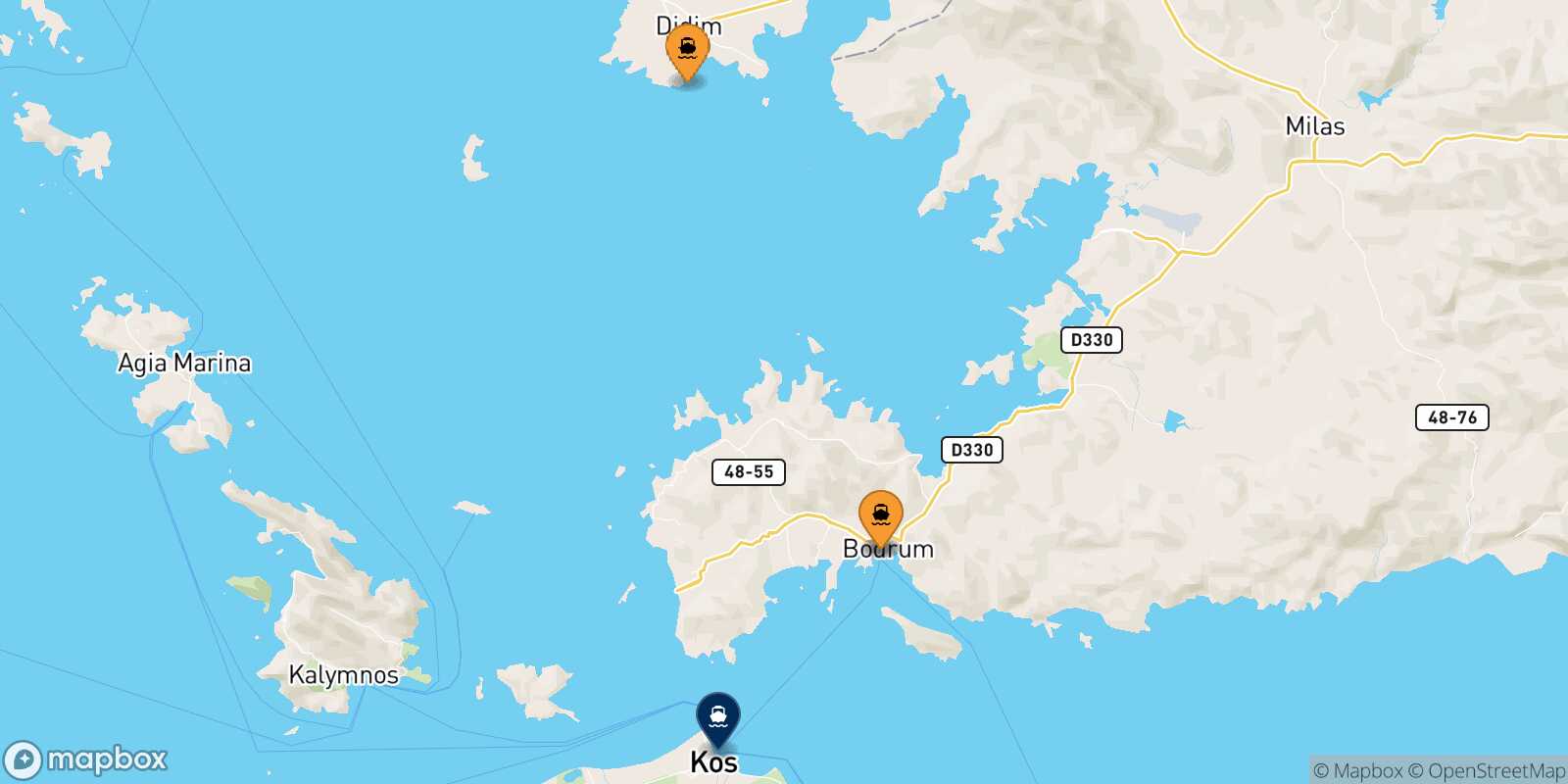 Mapa de los puertos conectados con  Kos