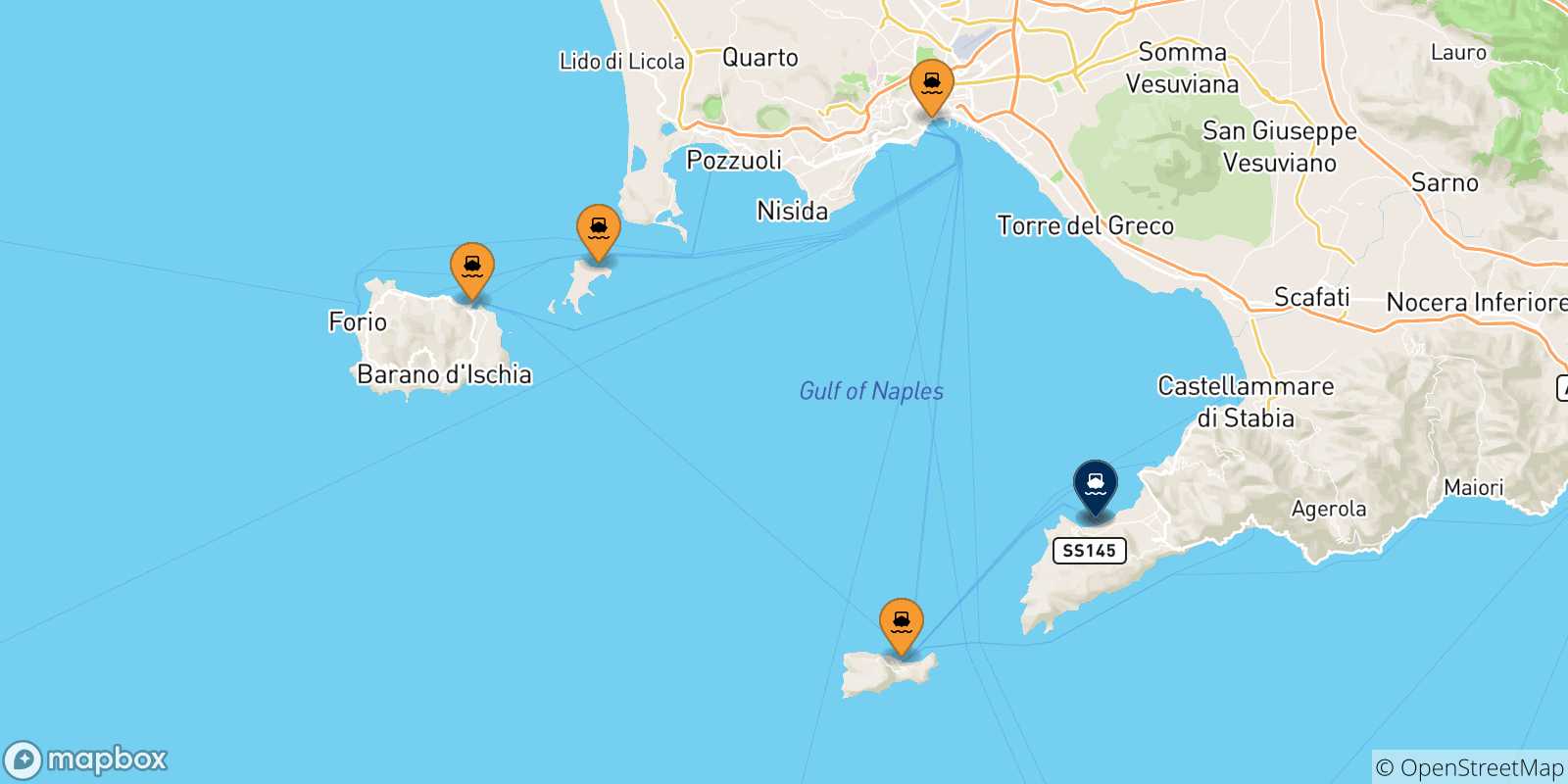 Mapa de las posibles rutas entre Italia y  Sorrento