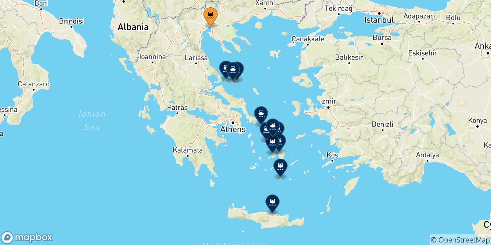 Mapa de las posibles rutas entre Salónica y  Grecia
