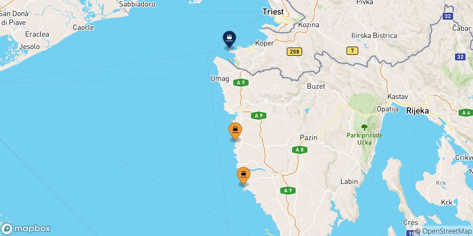 Mapa de las posibles rutas entre Croacia y  Piran
