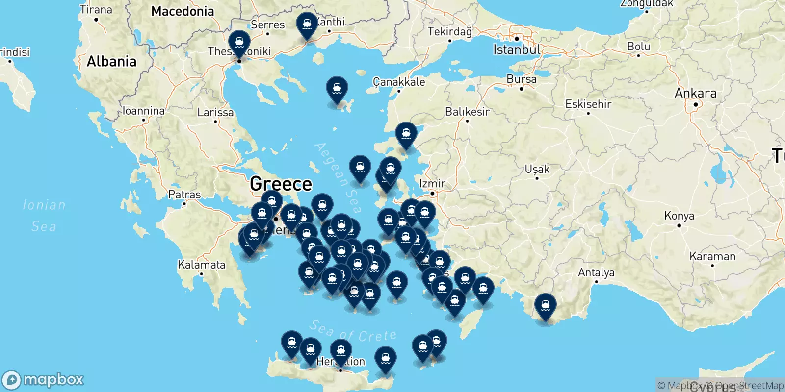 Mapa de los destinos Blue Star Ferries